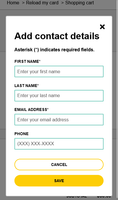 Contact information form in another dialog, which requires a first name, last name, and email address (plus optional phone number)