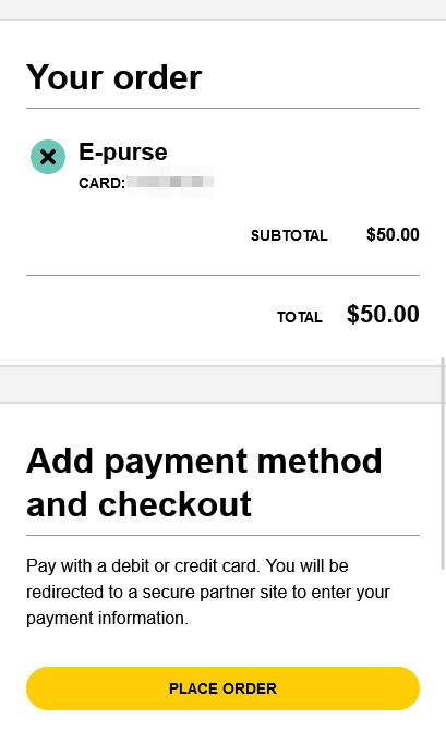 'Add payment method and checkout' section with a 'Place order' button