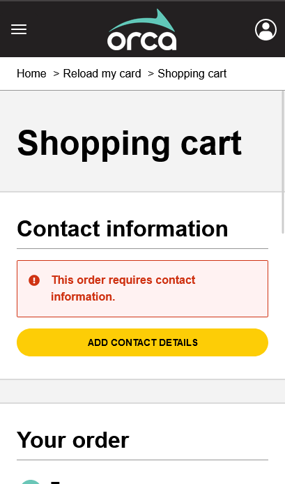 Shopping cart page, with an error message that says 'This order requires contact information.'