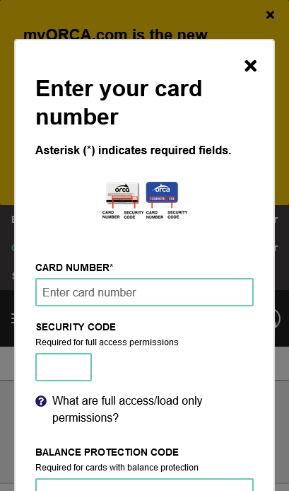 Page with a dialog prompting you for a card number and security code